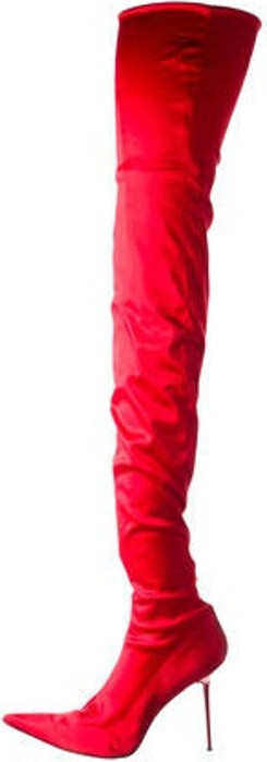 Gianmarco Lorenzi Satin Over-The-Knee Sock Boots Red Pointed-Toes Includes Dust Bag