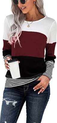 SMENG t Shirts for Women UK Crewneck Sweatshirt Workout Long Sleeve  Oversized Top Blouse Patchwork Pullover Color Block Clothes Wine red Size  (Uk18-20) - ShopStyle Knitwear
