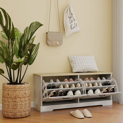 Multifunctional Entryway Shoe Storage Bench with Dual Flip-Top Drawers and Adjustable Shelving??