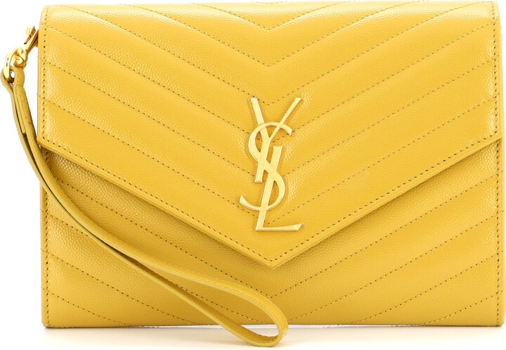 SAINT LAURENT: Monogram envelope bag in grain de poudre leather - Yellow  Cream