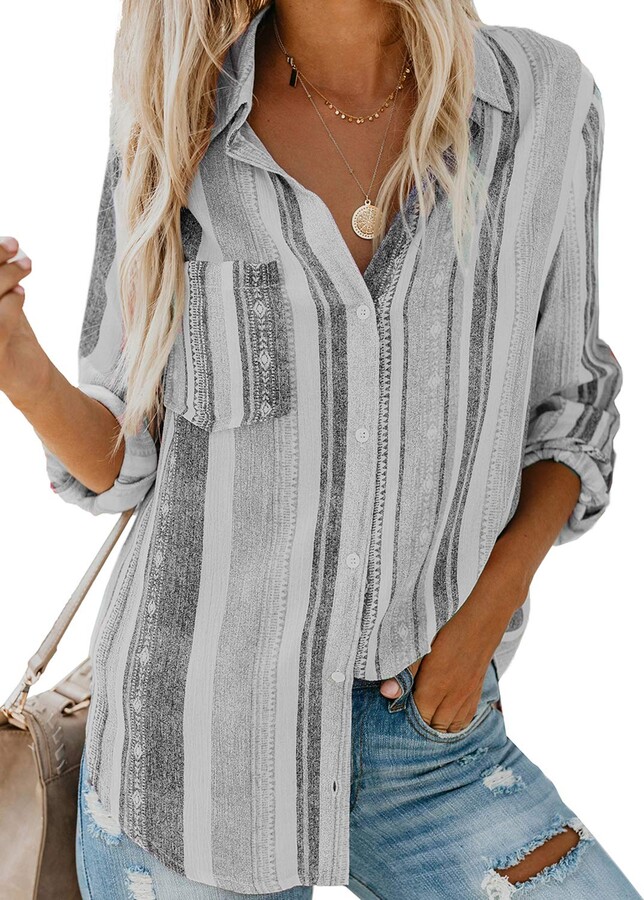Elapsy Womens Striped Button Up Short Sleeve T Shirt Tunics Casual Blouse Tops