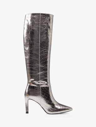 Dune Spice Leather Reptile Print Knee High Stiletto Heel Boots
