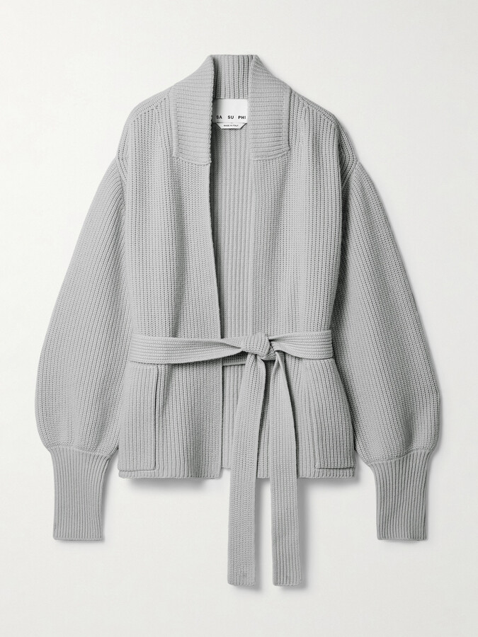 SASUPHI - E.r. Belted Ribbed Merino Wool And Cashmere-blend Cardigan - Gray