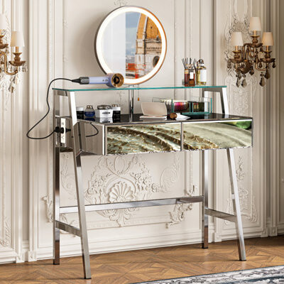 Makeup Vanity Desk With Mirror And Lights, Mirrored Console Vanity Table With 2 Big Drawers & Open Shelf, Dressing Table With Charging Station For Bed