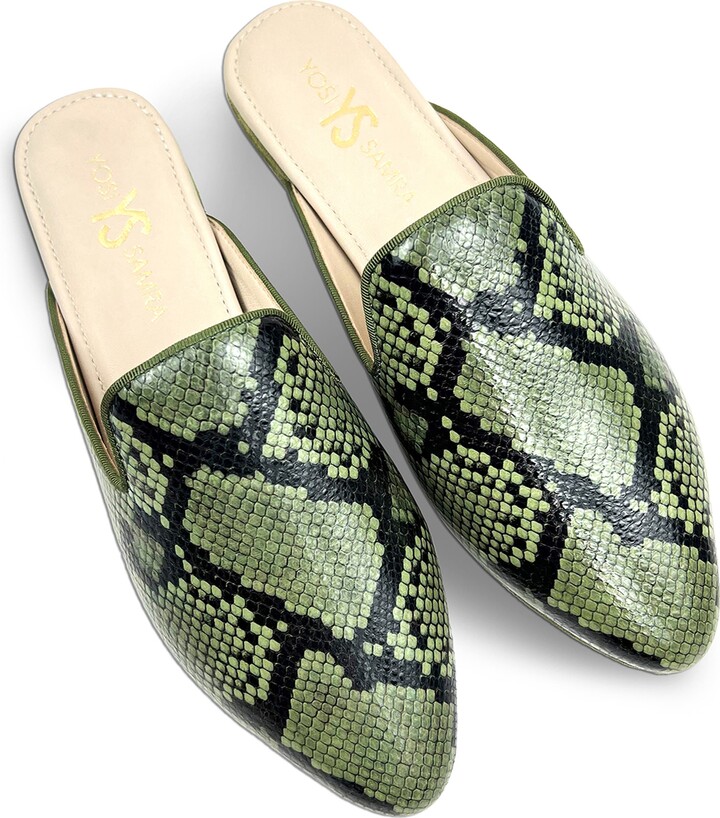 snakeskin print mules