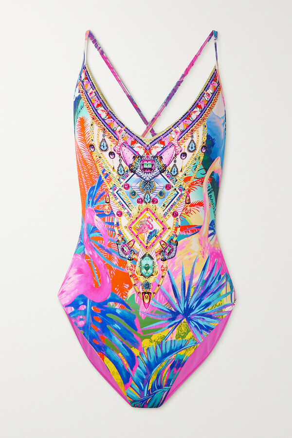 Camilla Embellished Printed Stretch Swimsuit - Blue - ShopStyle