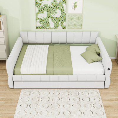 Xiao Hailuo Queen Wooden Upholstered Daybed with USB Ports Storage Drawers and Slats