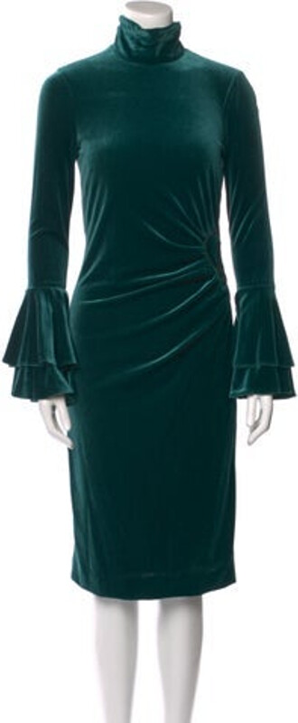 Teri Jon Velvet Sheath Dress Green Ruffle Embellishment Long Sleeve with Turtleneck Concealed Zip Closure at Back