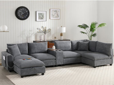 Hokku Designs Oversized 140'' Modular Sectional With Movable Storage , Console, Removable Pockets, Cup Holder & U Shaped Unit, Port Supportive Cushions
