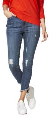 F&F Distressed Asymmetric Hem Mid Rise Skinny Jeans 14 Short leg
