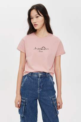 Topshop Womens London Embroidered Skyline T-Shirt - Pink