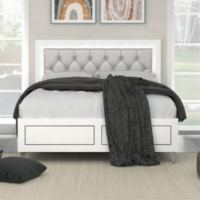 Willa Arlo Interiors Stephnie Queen Size Bed LED Trim Button Tufted Headboard White