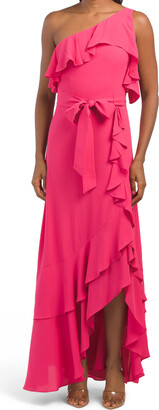 Ruffle One Shoulder Gown With Tiered Ruffle Hem