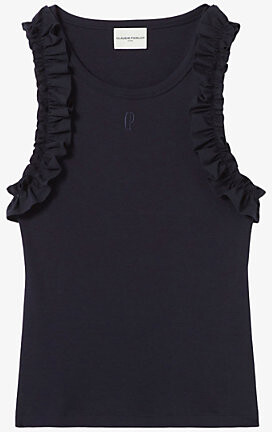 Claudie Pierlot Womens Navy Brand-Embroidered Ruffle-Trim Cotton-Jersey T-Shirt L