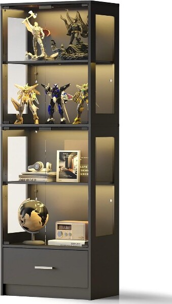 Skyzoo5-TierGlassDisplayCabinetwithLEDLights&AdjustableShelves&1DrawerCurioCabinetforHome&OfficeBlack