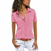 Thumbnail for your product : ESAILQ Womens Blouse Ladies Solid Short Sleeve t Shirt Turn Down Collar Pockets Buttons Casual Shirt Tops Blouse(Wine S)
