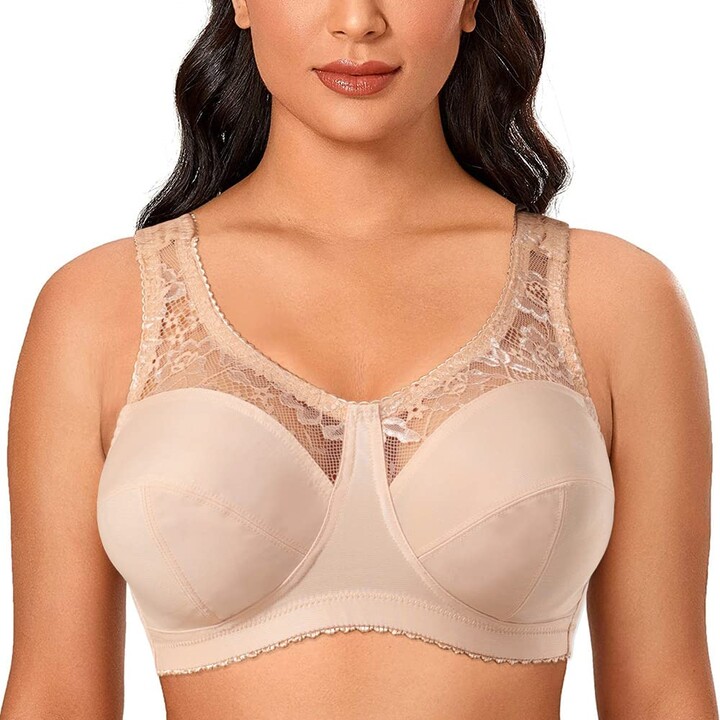 Ayigedu Ladies Plus Size Bra Minimiser Lace Bra Non-Wired Non-Padded Full  Coverage Everyday Bra 44F Beige - ShopStyle