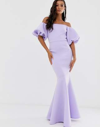 True Violet Black Label puff sleeve peplum maxi dress in lilac
