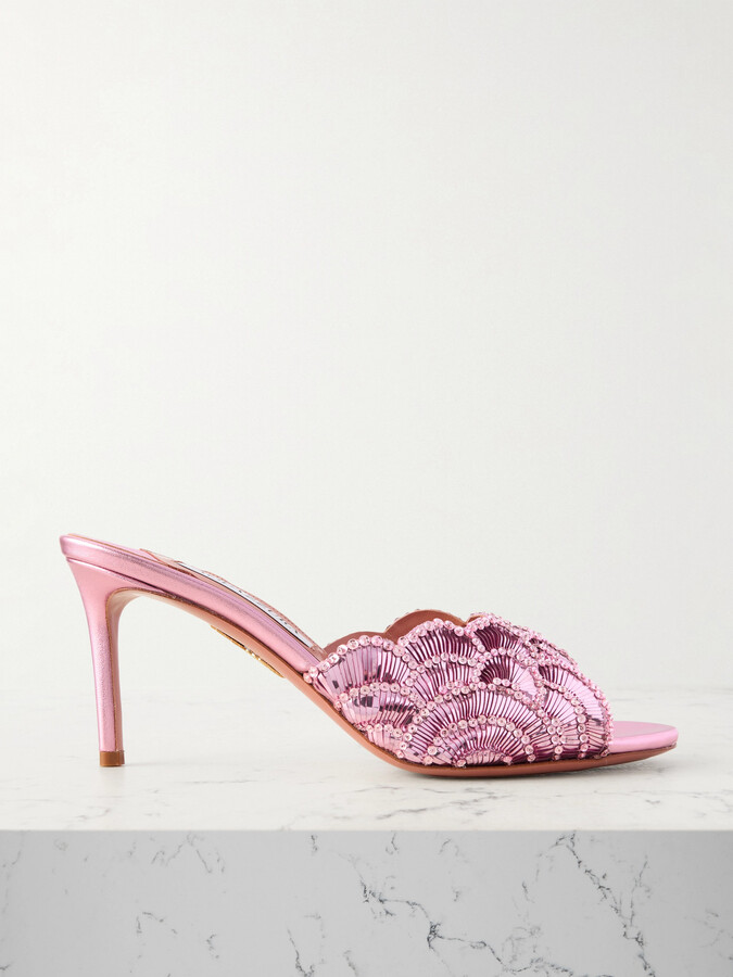 Aquazzura Ce Soir 75 Embellished Scalloped Metallic Leather Mules - Pink