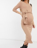 Thumbnail for your product : New Look Maternity 3/4 sleeve ribbed tie front midi dress in camel