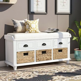 Rosecliff Heights Rustic Storage Bench With 3 Drawers And 3 Rattan Baskets, Shoe Bench With Removable Cushion For Living Room, Entryway