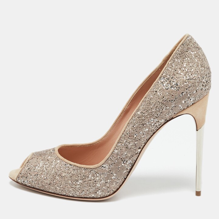 Sebastian Beige/silver Lace And Glitter Peep Toe Pumps