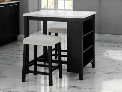 Latitude Run Black Dining Table Storage Side Shelves 2X Stools High Gloss Table Top White / Ivory 3Pc Dining Set