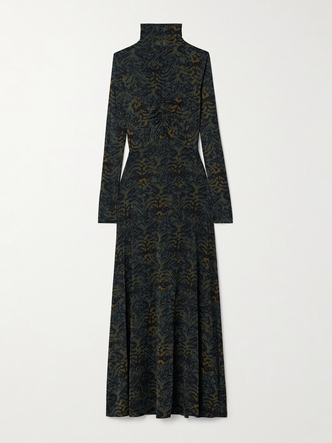 Ulla Johnson Koa Ruched Printed Stretch-jersey Turtleneck Maxi Dress - Green