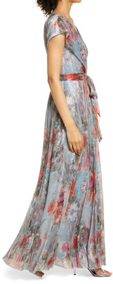 Eliza J Metallic Floral Drape Shoulder Gown