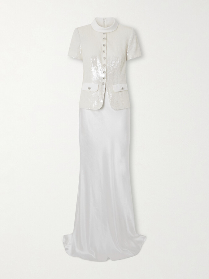 Self-Portrait Embellished Satin Maxi Dress - White