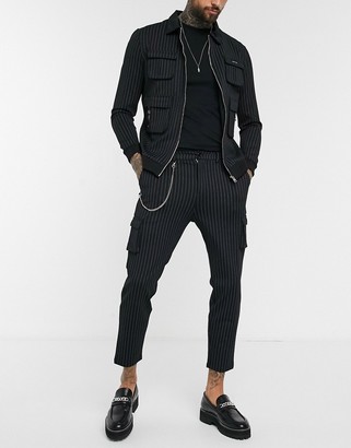 Mauvais cargo trousers with chain in black pinstripe