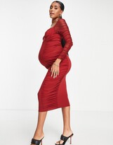 Thumbnail for your product : ASOS Maternity ASOS DESIGN Maternity mesh sleeve ruched midi dress in red