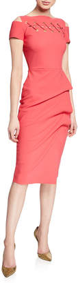 Chiara Boni La Petite Robe Short-Sleeve Cutout Dress w/ Laced Matte Grommets & Asymmetric Shirred Skirt