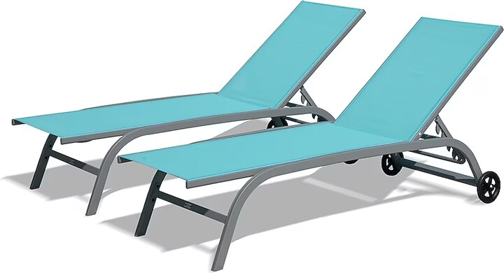 clihome Chaise Lounge Outdoor Set of 2,Woven Stackable Gray Aluminum Frame Stationary Chaise Lounge Chair with Blue Woven Seat