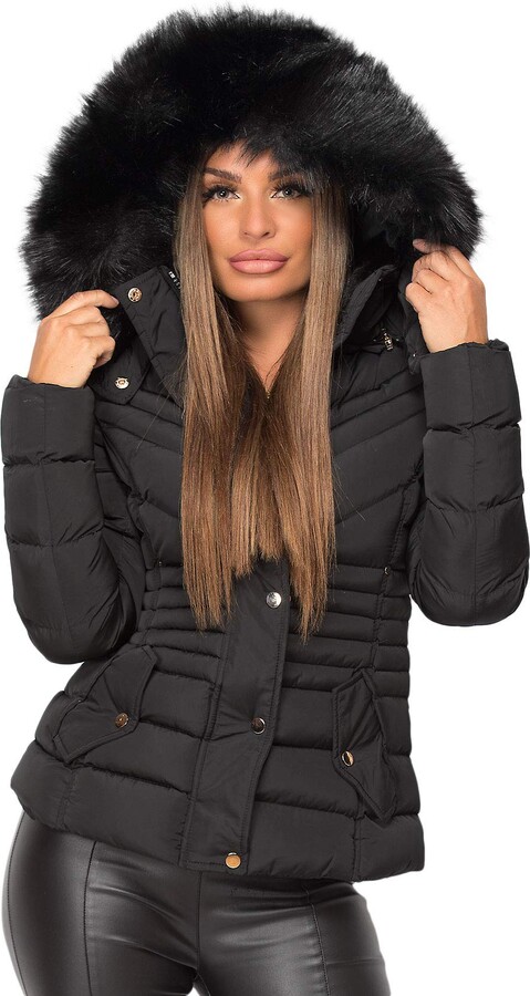 Wulux Womens Ladies Quilted Puffer Bubble Padded Chunky Faux Fur Hooded  Belted Warm Winter Thick Heavy Parka Down Bomber Jacket Coat Black UK Size  S/08 - ShopStyle