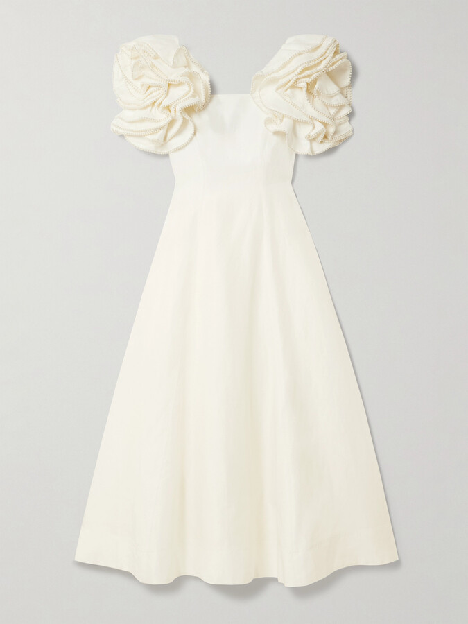 Aje Twyla Ruffled Faux Pearl-embellished Crepe Midi Dress - Ivory