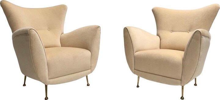 ISA Bergamo Sculptural Form Lounge Chairs, Mohair Fabric With Brass Legs, Isa, Italy, 1950