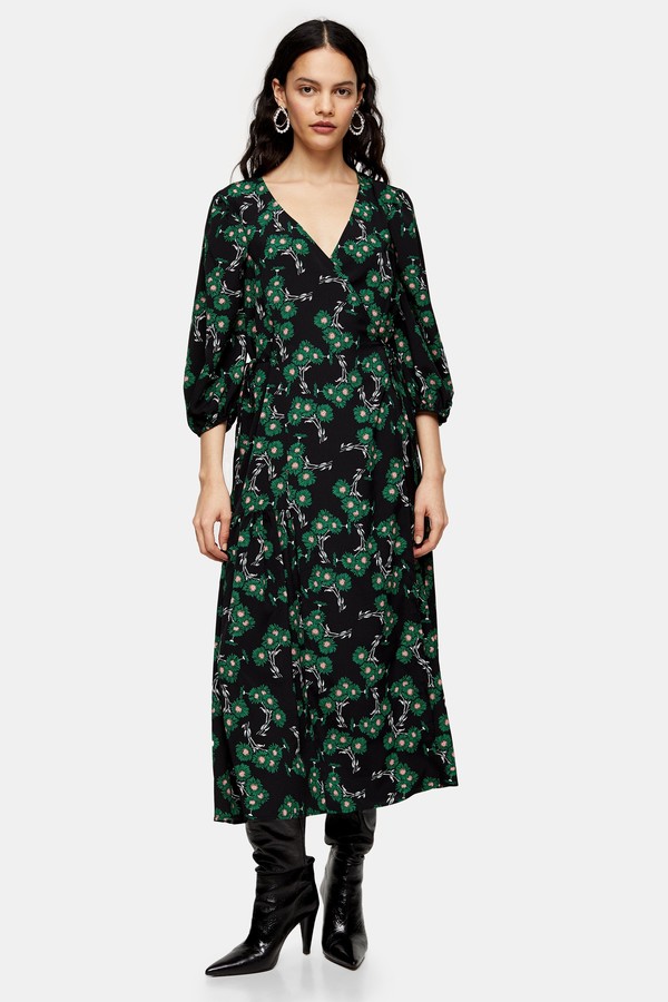 green wrap midi dress