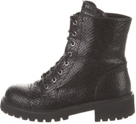 Giuseppe Zanotti Embossed Leather Mid-Calf Combat Boots Black Round-Toes Lace-Up Closure at Uppers