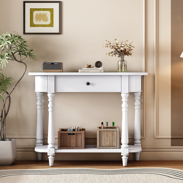 EUROCO 36" Retro Console Table with Drawer,Solid Wood Entryway Table Sofa Table with Open Storage Shelf and Corner-Curved Design for Entryway, Hallway and Living Room,White