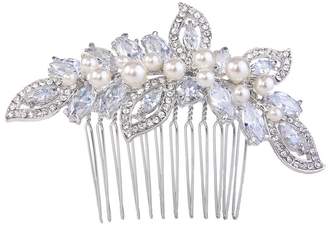 Ever Faith Women's CZ Crystal Cream Simulated Pearl Leaf Bridal Hair Side Comb Silver-Tone