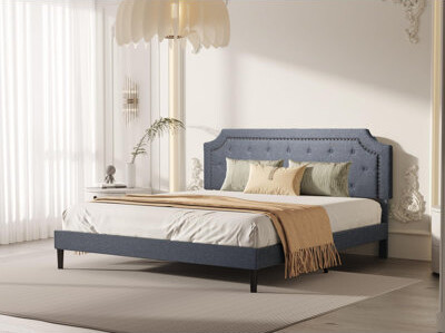 Winston Porter Toman Full Size Gray Steel Bed Frame Upholstered with Headboard, No Boxing Needed