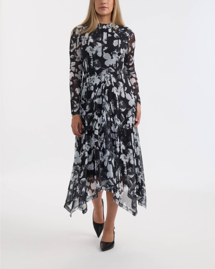 Ellen Tracy Women's Printed Mesh Dress with Handkerchief Hem