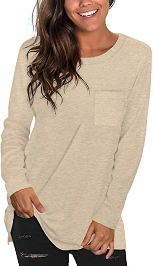 ELF QUEEN Women's Long Sleeve Sweatshirt Plain Color Round Neck Tunic Tops with Front Pocket