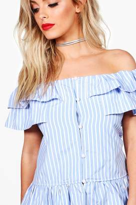 boohoo Emily Button Front Off The Shoulder Chambray Top