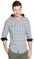 Thumbnail for your product : JACHS blue plaid button front cotton hooded shirt
