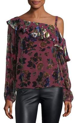Nanette Lepore One-Shoulder Floral-Burnout Velvet Ruffled Top