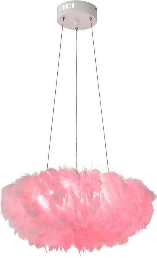 Greenville Signature Rovereto 32-Watt 1-Light White LED Pendant Light with Pink Feather Shade