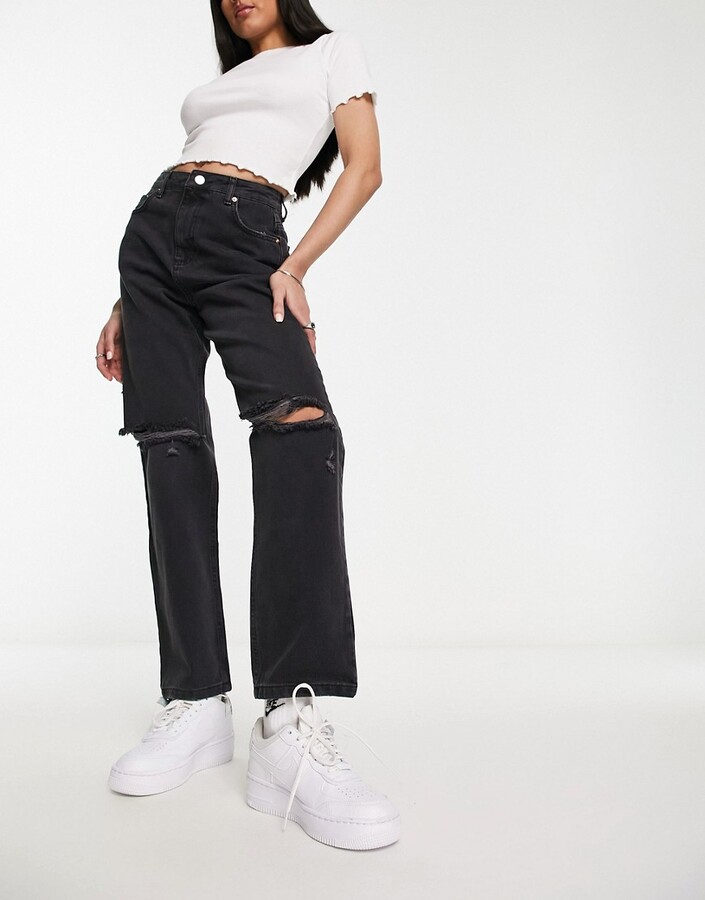 Miss Selfridge high rise relaxed dad jean with rips in black - ShopStyle