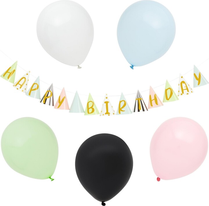 Blue Panda Happy Birthday Banner with 100 Balloons, Gold Party Hat